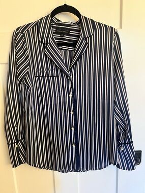 Banana Republic Navy and White Vertical Stripe Blouse